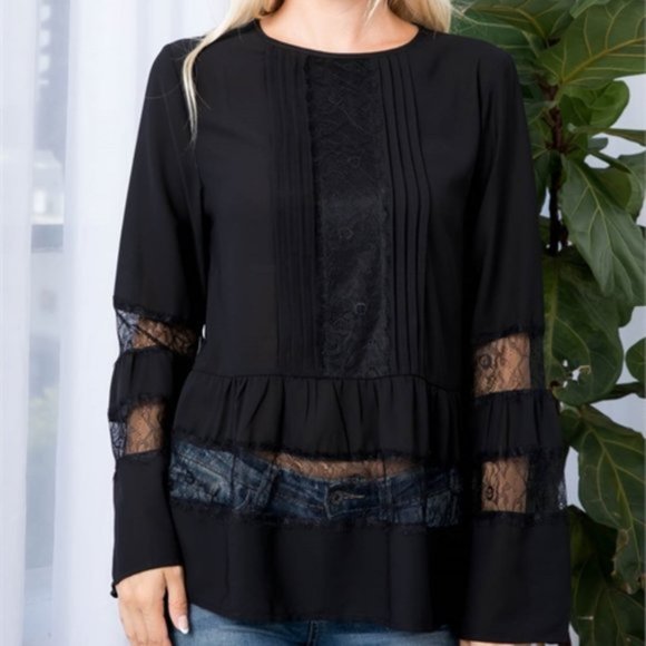 Black Long bell Sleeved Lace detailed Blouse - Picture 4 of 7